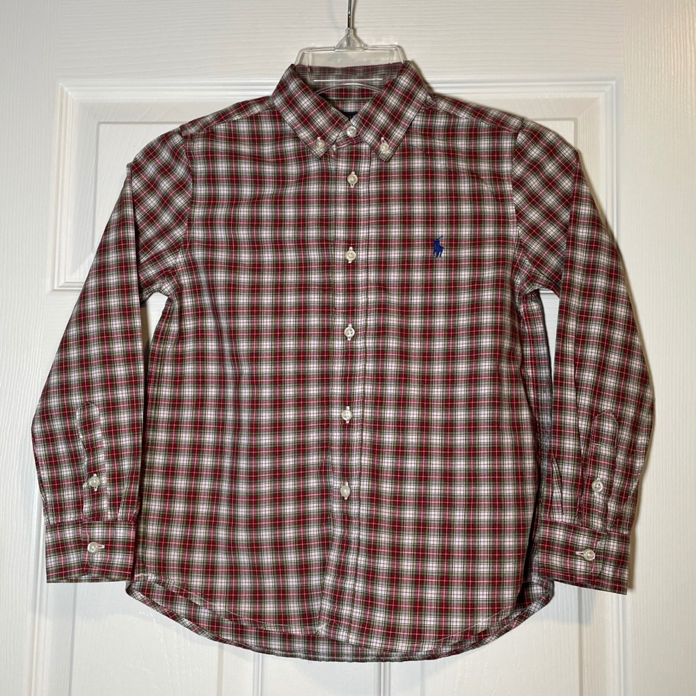 Polo Ralph Lauren Boy's Red Green Plaid Button Down Shirt Natural Stretch Size 7